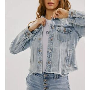 Light Blue Cropped Distressed Denim Jacket
